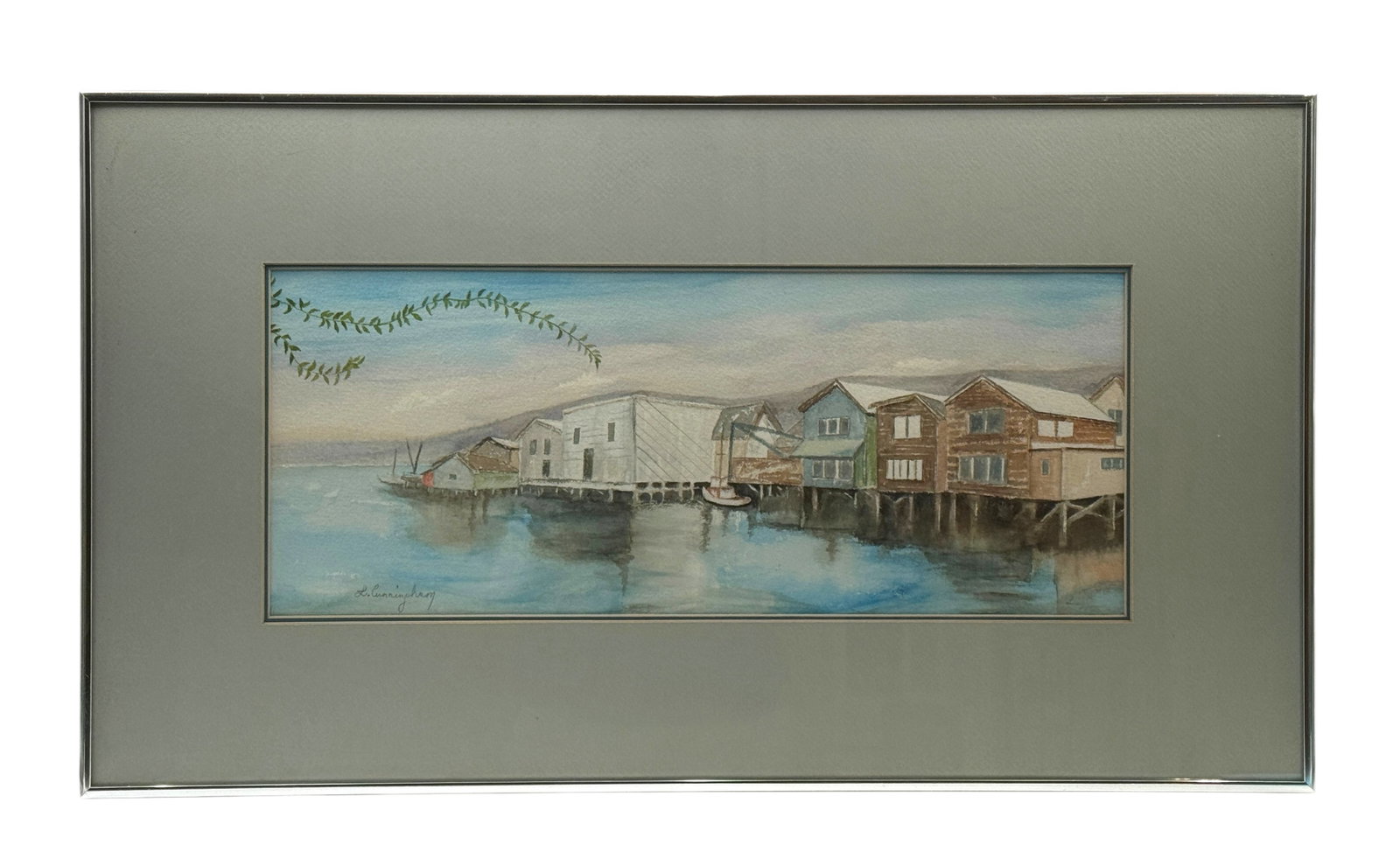 Watercolor, Lucy Cunningham - Monterey Wharf: c1980 original watercolor of Monterey CA Fisherman's Wharf signed Lucy Cunningham. Frame: 17" x 30" x View 9" x 21" A/R