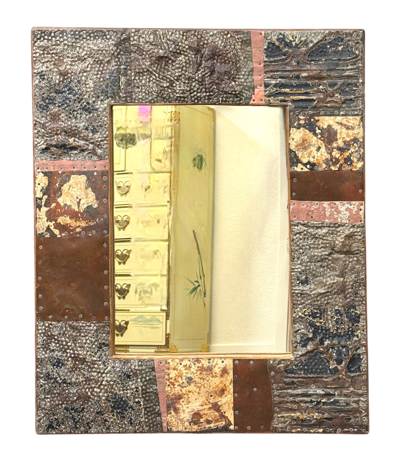 Brutalist Mid Century Style Metal and Wood Patchwork Mirror: Brutalist Mid Century Style Metal and Wood Patchwork Mirror. Signed on verso " Paul Brighan 09" Dimension 29.5" x 2.5" x 36" A/R