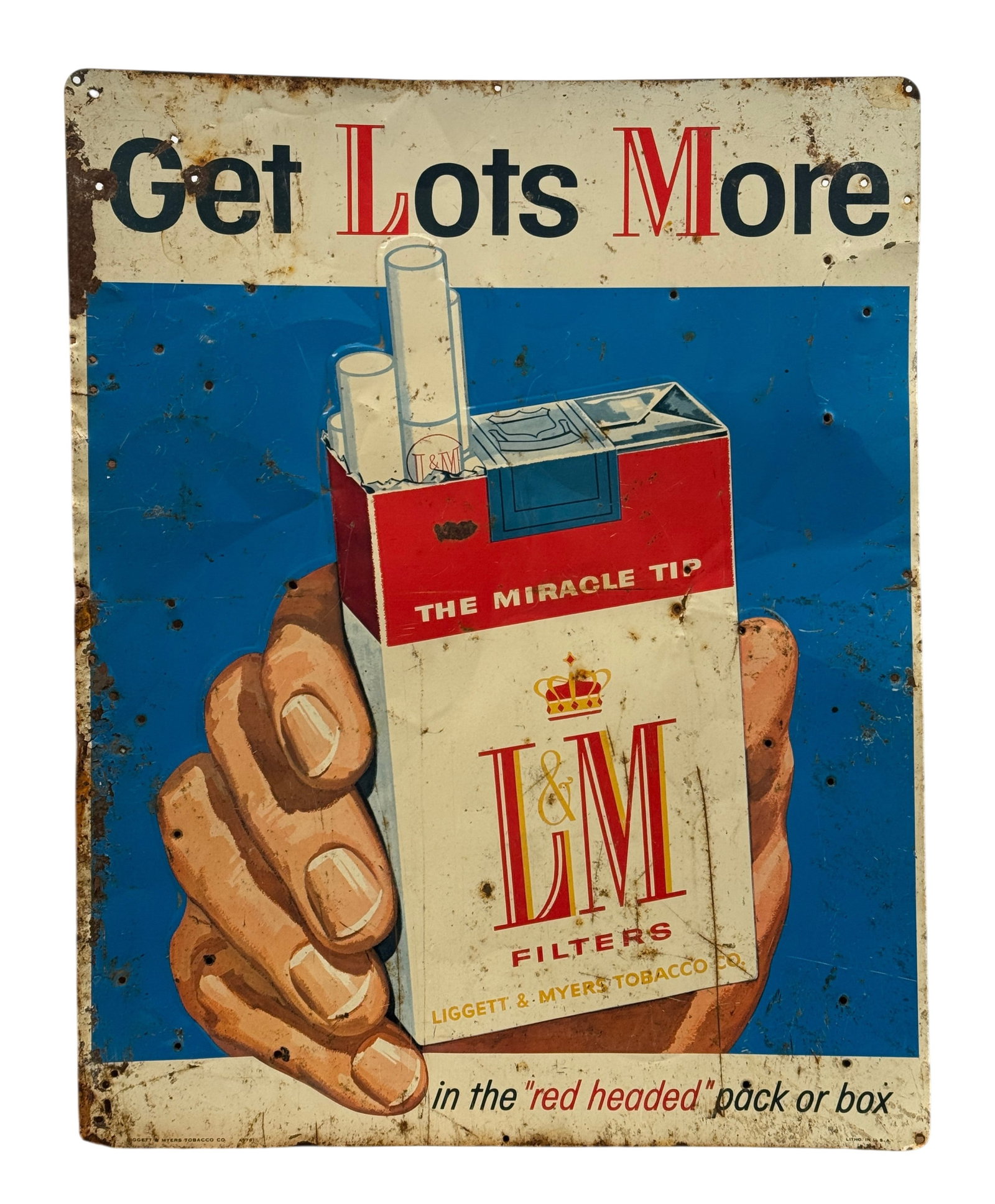 1950s L&M Cigarettes Embossed Tobacco Ad Tin Sign: 1950s L&M Cigarettes Embossed Tobacco Ad Tin Sign. Dimension: 23.5" x 17.5." Condition: Rust, holes and metal loss.