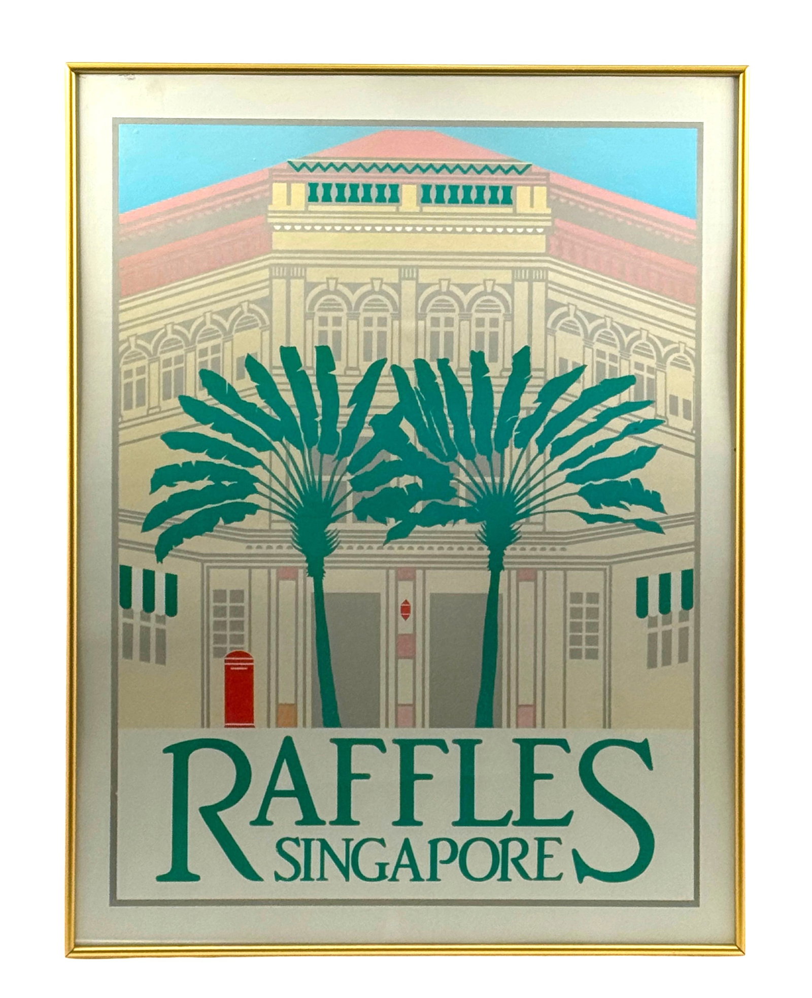 Raffles Singapore Vintage Silkscreen Poster by Perry King: Raffles Singapore Vintage 1982 Silkscreen Poster by Perry King Size 20" x 26.5" x .75" Condition: chip to glass at edge of frame; slight discoloration upper left corner