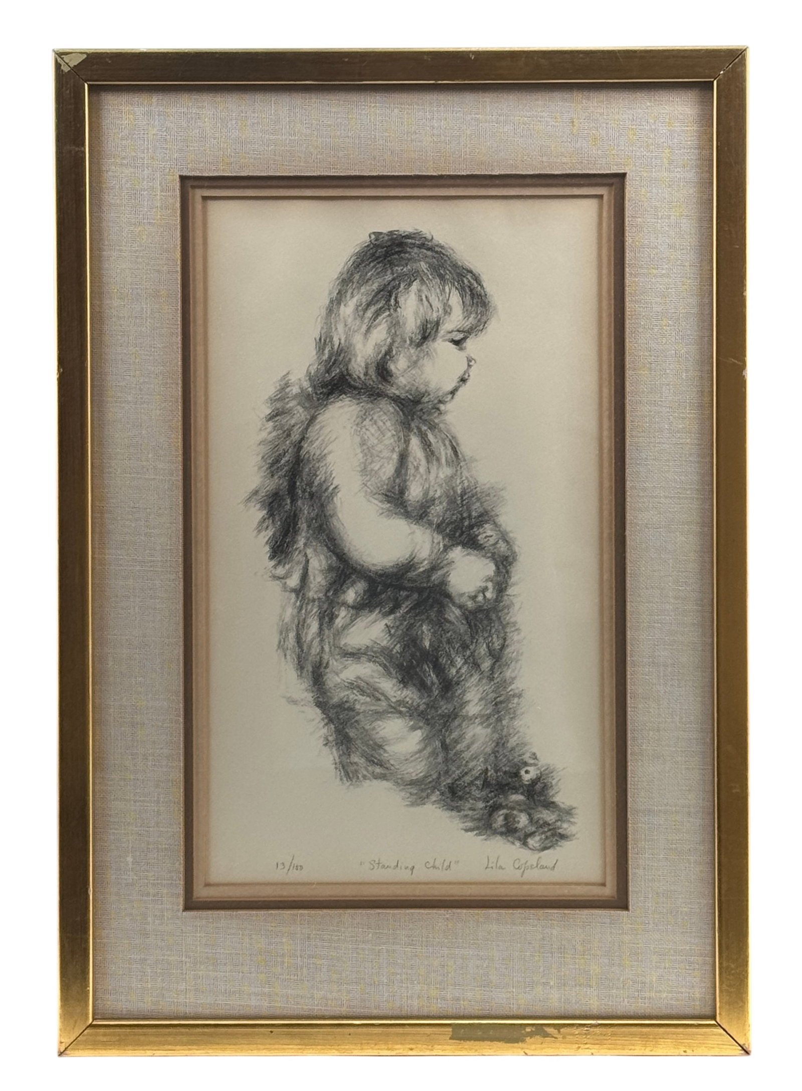 Lila Copeland Lithograph Standing Child: Lila Copeland 1960's Lithograph "Standing Child" signed and numbered 13/100. Image 9" x 16" Size: 15" x 22" x .5" Condition: Frame has some damage and loss of gold leaf; print has slight yellowing by 
