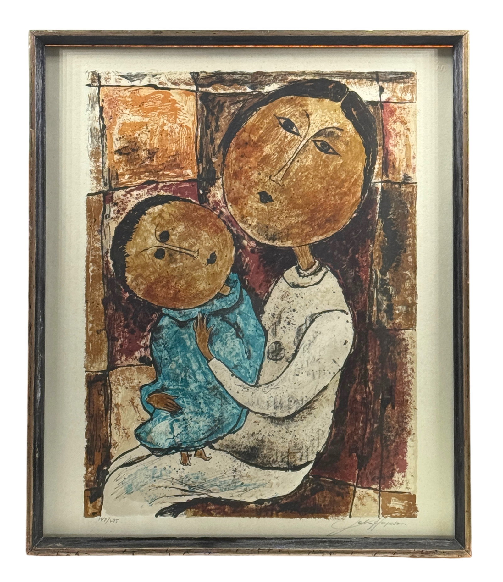 John Haymson Color Lithograph Mother and Child: Pencil signed 1970 lithograph, Mother and Child, by John Haymson. Framed. Signed and numbered in pencil 147/275. Frame, approx. 21" x 25". Sight, approx. 16" x 21". A/R