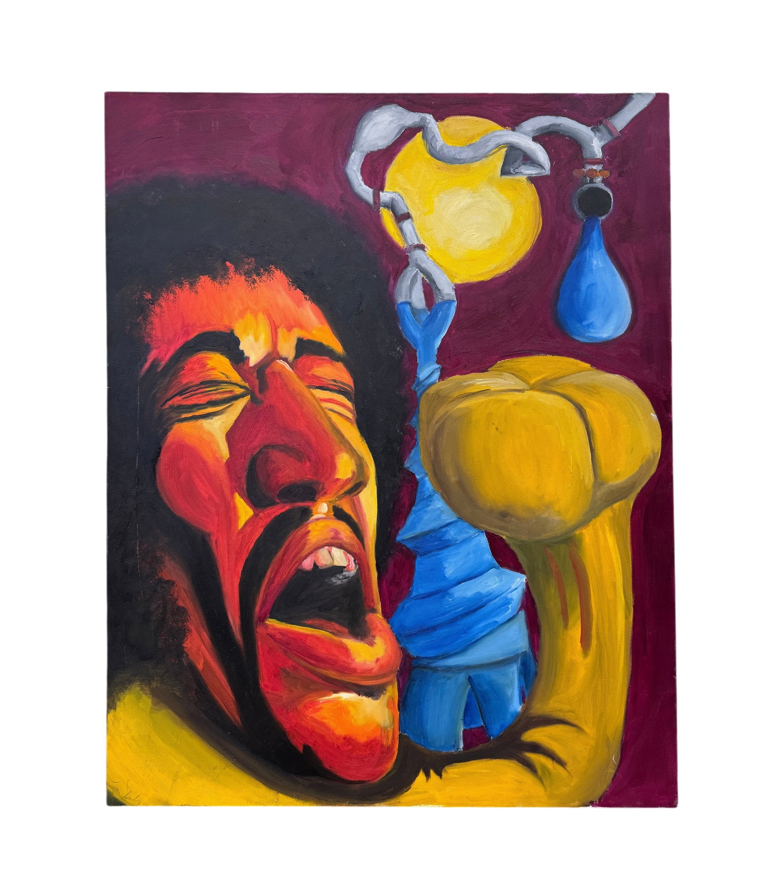 Jimi Hendrix Large Abstract Painting: Original large abstract oil painting of Jimi Hendrix on canvas. Rich, vibrant colors. Signed Jason Greenberg. Condition: Minor scuffs and scratches (see photos). Dimensions: 30" x 24"
