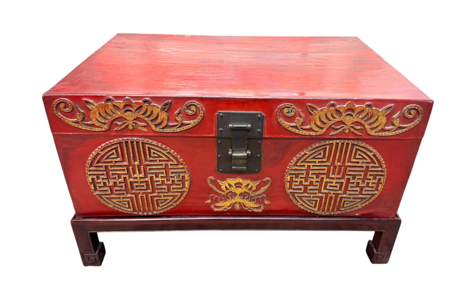 Chinese Export Red Lacquer "Pigskin" Lift Top Wedding Chest on Wood Stand (1 of 5)