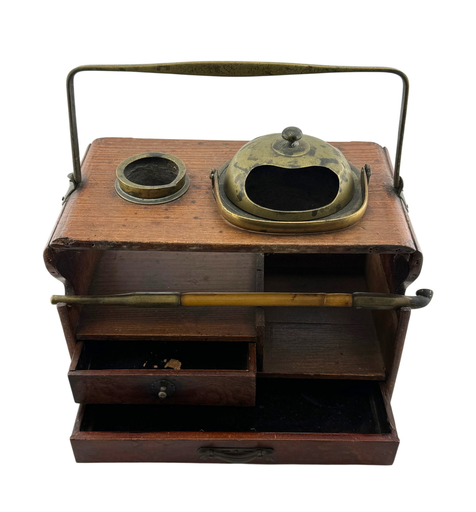 Vintage Japanese Smoking Set (Tobako-Bon): Vintage Japanese Taboko-Bon with kaseri (smoking pipe) and brass hi-ire (brazier) and harfuku (ash receptacle). Wooden stand has drawers for tobacco. Condition: Missing one drawer and decorative