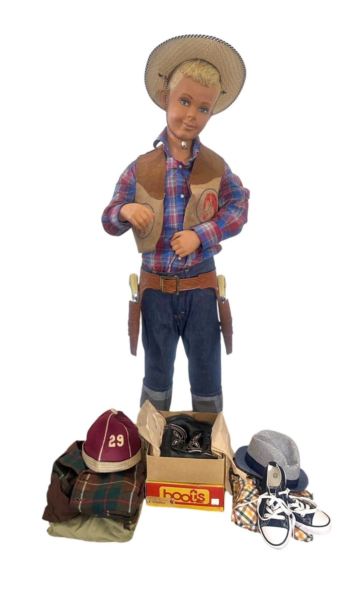 Vintage 1970s Western Boy Life Size Store Display Set: Vintage 1970s Western Boy Life Size Store Display Set. Dimension: Height 47." Condition: Mannequin has wears due to age. One arm is loose.