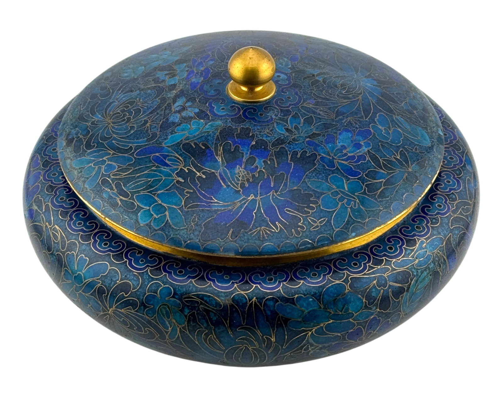 Zi Jin Cheng Cloissone Chinese Lidded Jar: Zi Jin Cheng Mid Century Chinese Lidded Jar, marked Jingfa, Blue of Jingtai floral. Condition: Very good condition. Dimensions 7" x 4" A/R