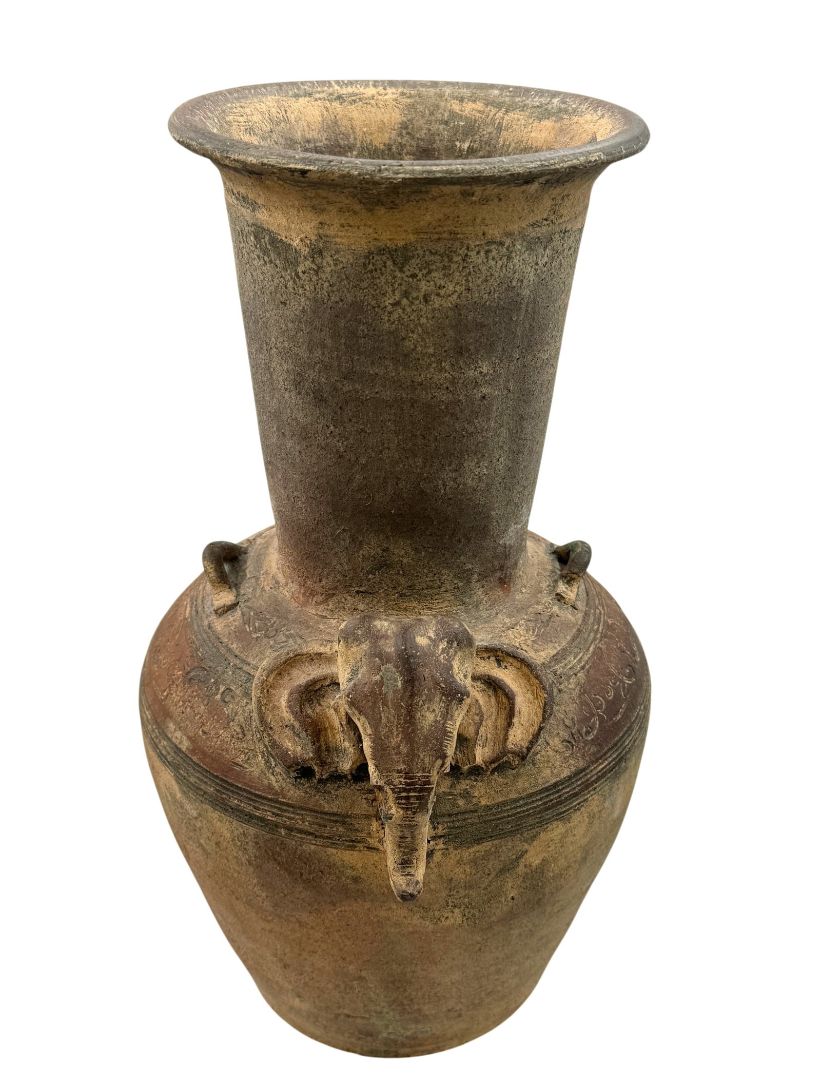 Vintage Thai Earthenware Elephant Vase: Vintage Thai Earthenware Elephant motif vase, terracotta finish. Good condition. Dimensions: 15" x 8" diameter. A/R