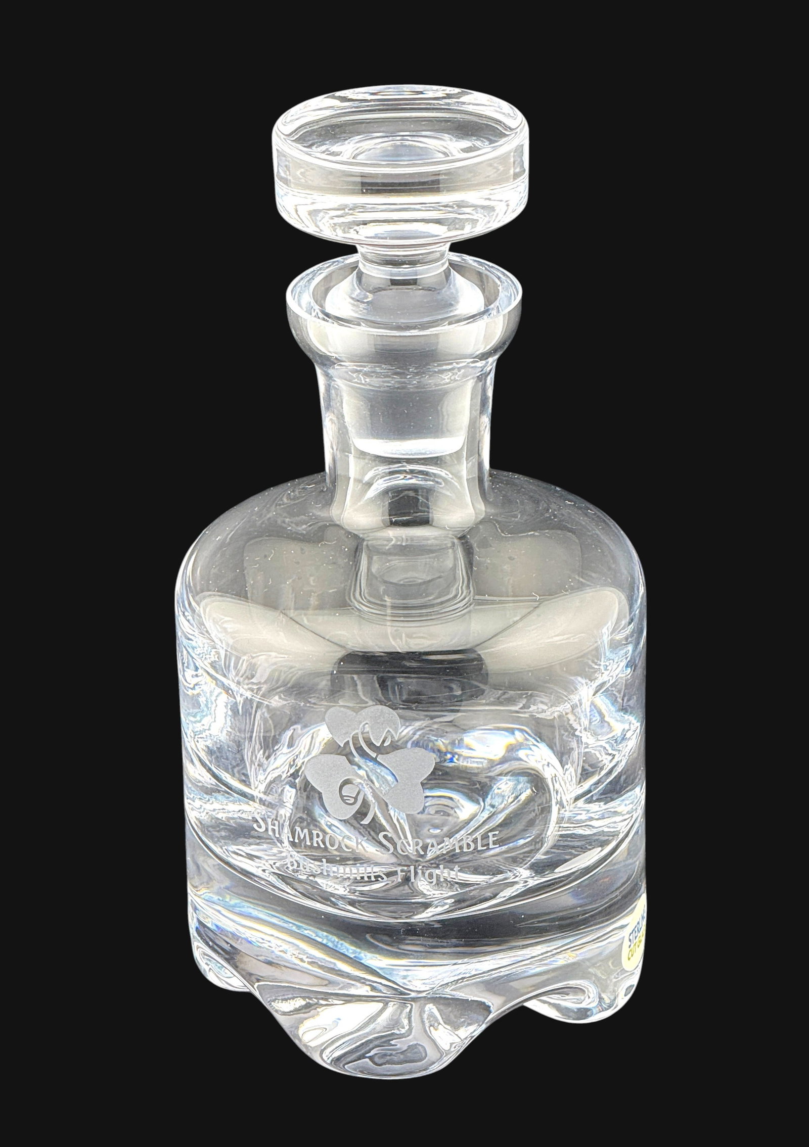 Golf Presentation Classic Crystal Decanter by Sterling Cut Glass Co.: Golf Presentation Classic Crystal Decanter by Sterling Cut Glass Co. Etching inscibed " Shamrock Scrable Bushmills Flight." Dimension 8.5" x 4" x 4" N/J