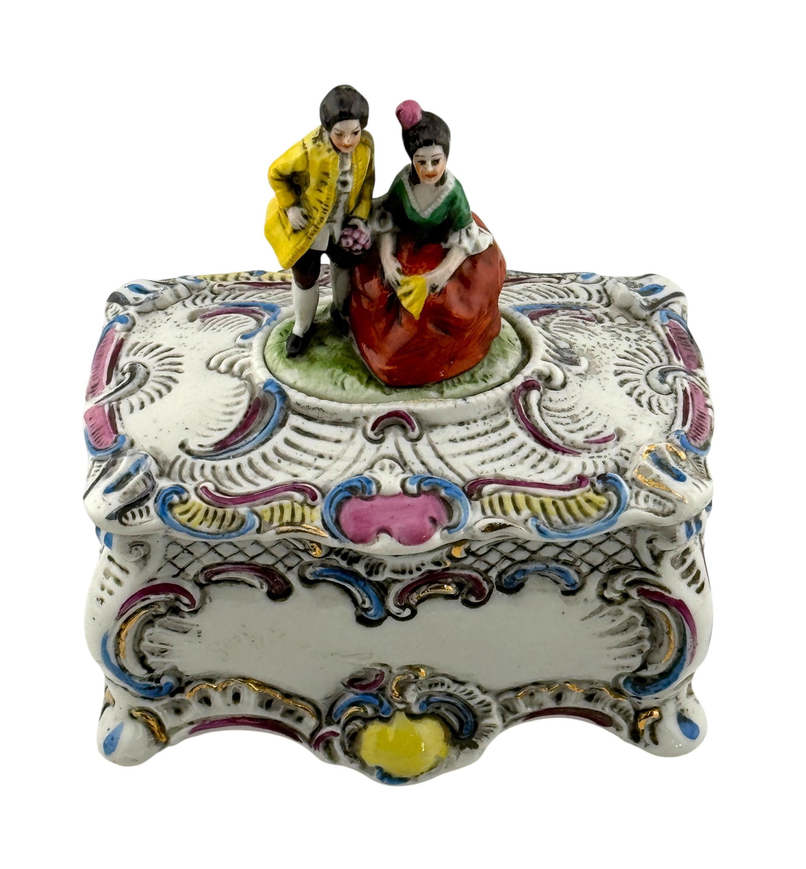 Vintage German Trinket Box Featuring a Courting Couple Figurine on Lid: Vintage German Trinket Box Featuring a Courting Couple Figurine on Lid. Dimension 6" x 3" x 5" A/R