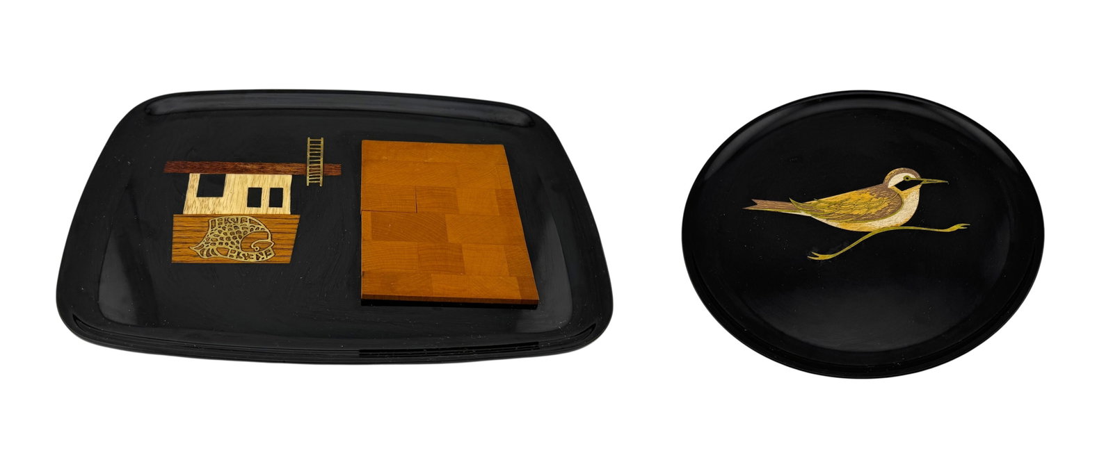 Lot of 2 Couroc Hand Inlay Trays: Lot of 2 Couroc Hand Inlay Trays. Largest piece 9.5" x 1" x 12.5" A/R