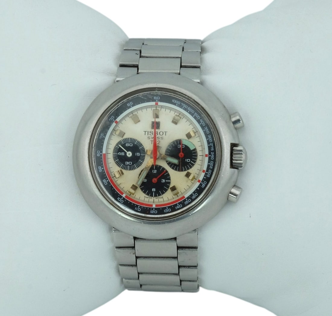 Rare 1970s Tissot T12 "UFO" Chronograph with Original Gay Freres Bracelet: Rare 1970s Tissot T12 "UFO" Chronograph with Original Gay Freres Bracelet. Powered by a manual -winding Lemania 873 movement which is the same movement as the Omega Moonwatch. Stainless steel case is