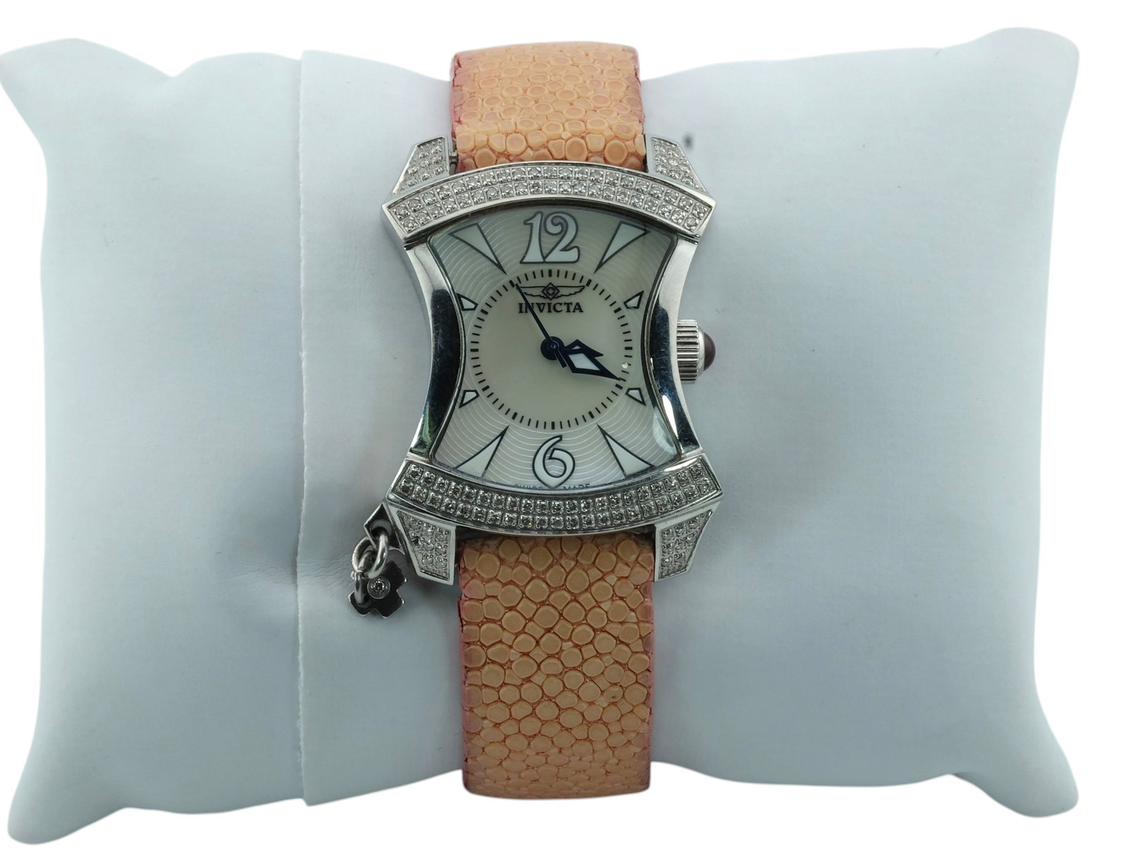 Diamond Charmed Invicta Swiss Made Watch Model 2455 with Pink Stingray Band: Diamond Charmed Invicta Swiss Made Watch Model 2455 with Pink Stingray Band. Condition: leather band is worn. Watch running at time of cataloging. We make no guarantee regarding continued working