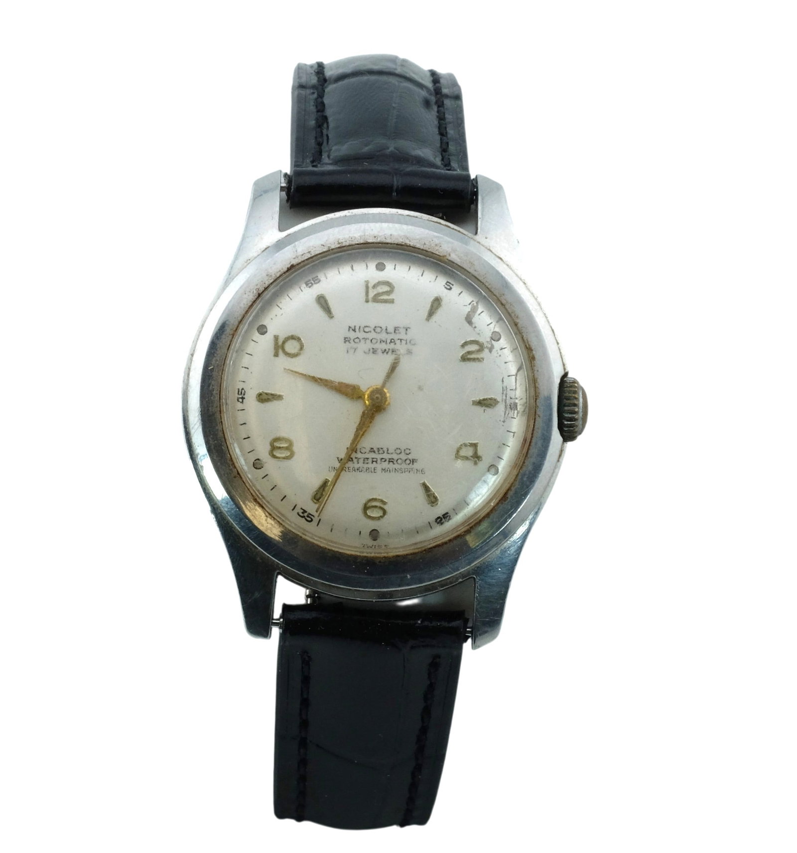 1950s Nicolet Rotomatic Wristwatch: 1950s Nicolet Rotomatic Wristwatch. Condition: Watch running at time of cataloging. However, we make no guarantee regarding continued working condition, accuracy or original parts as service may have