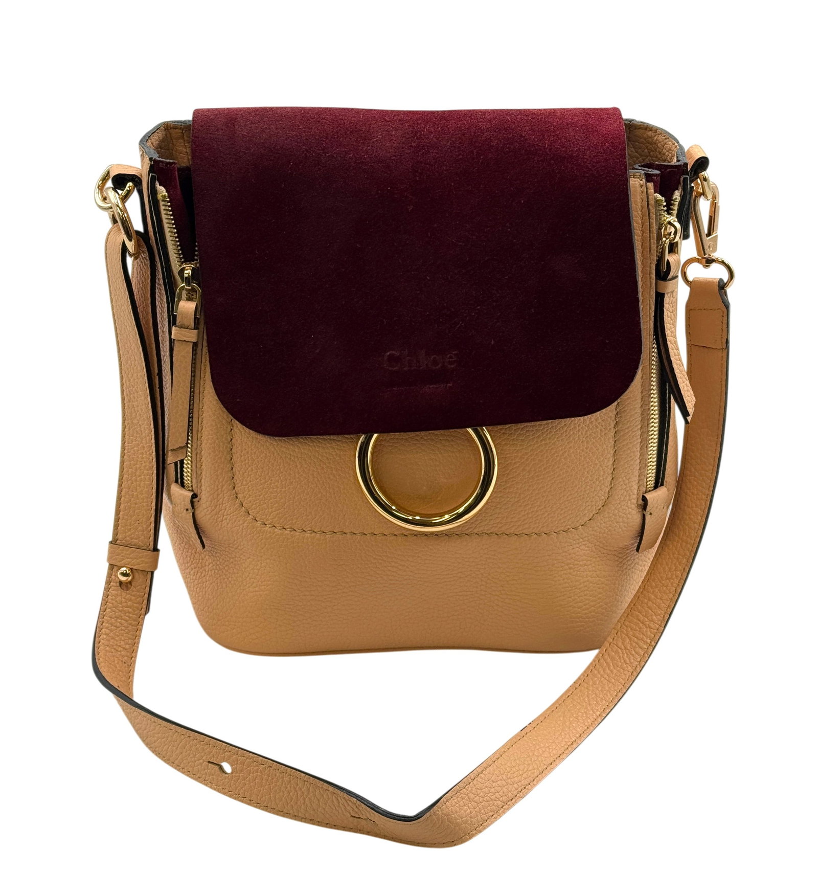 Chloe Small Faye Backpack: Chloe Small Faye Backpack, featuring a distinctive burgundy sude flap and tan pebbled leather body. Condition: Missing backpack straps. See picture.