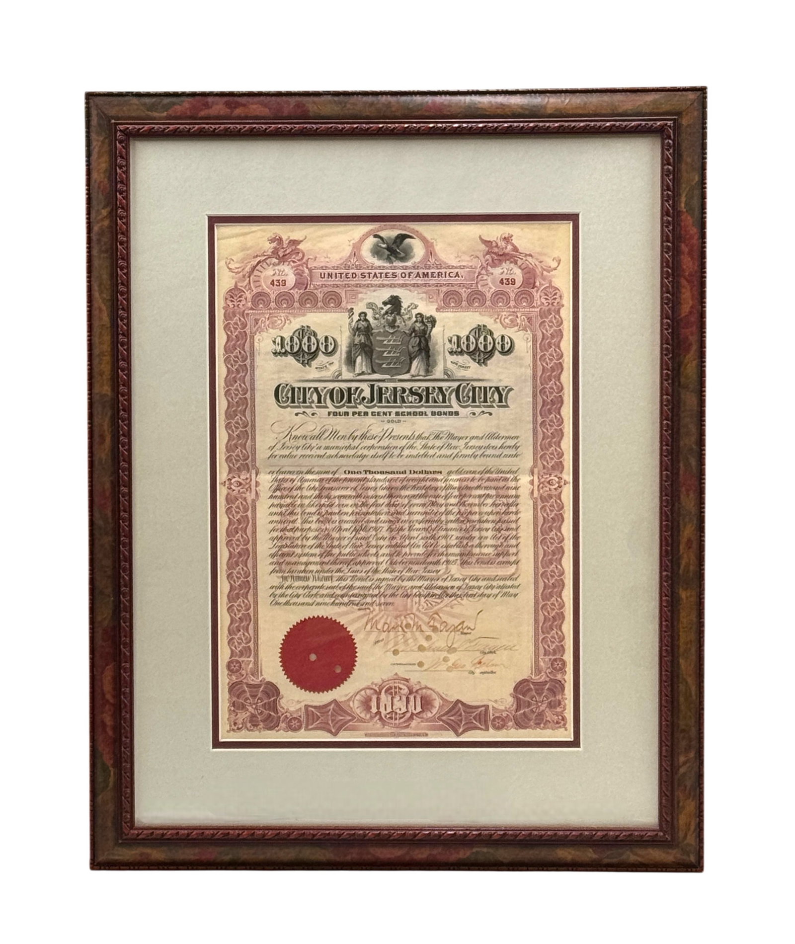 Framed City of Jersey City School Bond Certificate C.1903 (1 of 1)