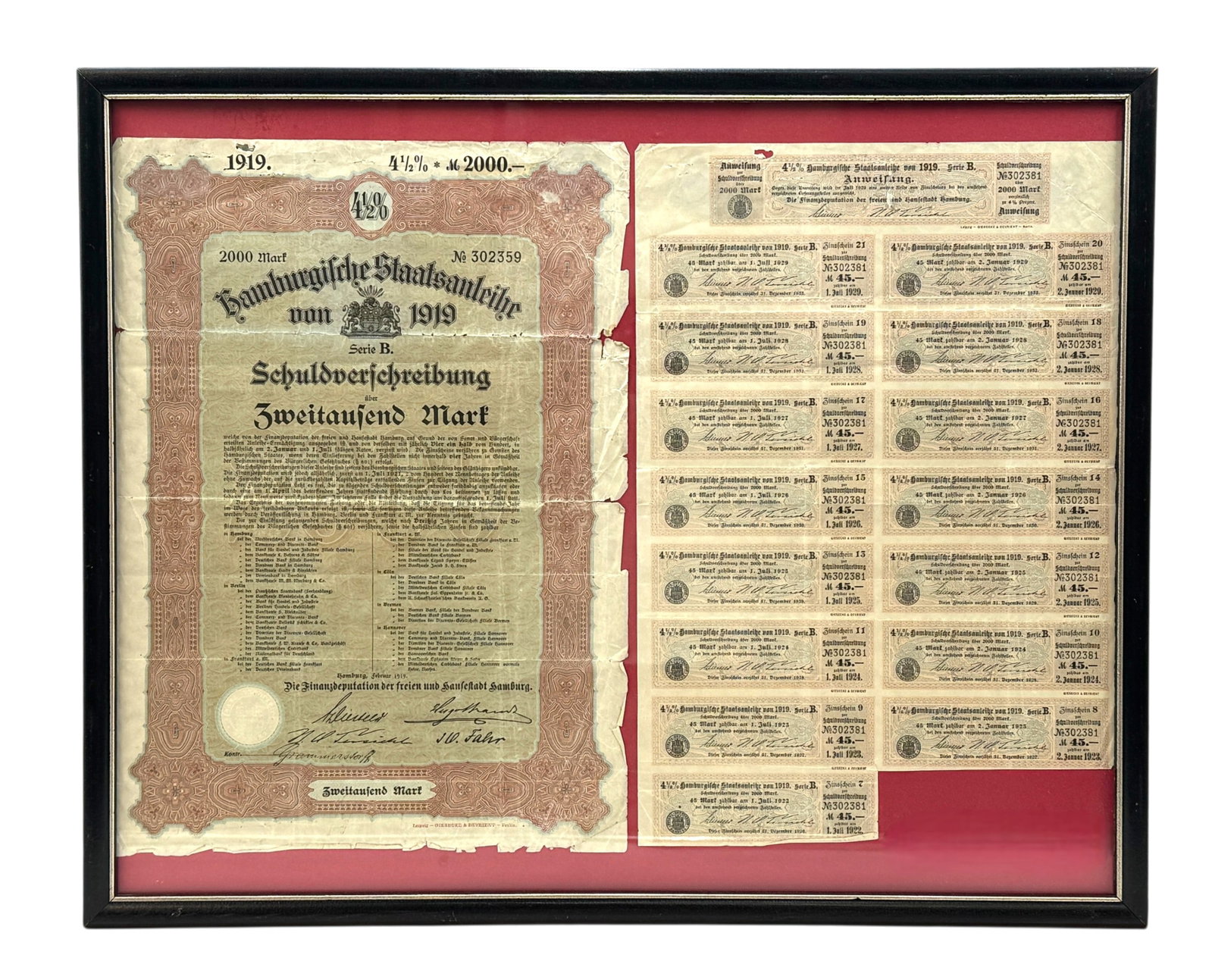 Framed 4.5 Hamburgifche Staatsanleihe 1919 2000 Mark Bond Germany (1 of 1)