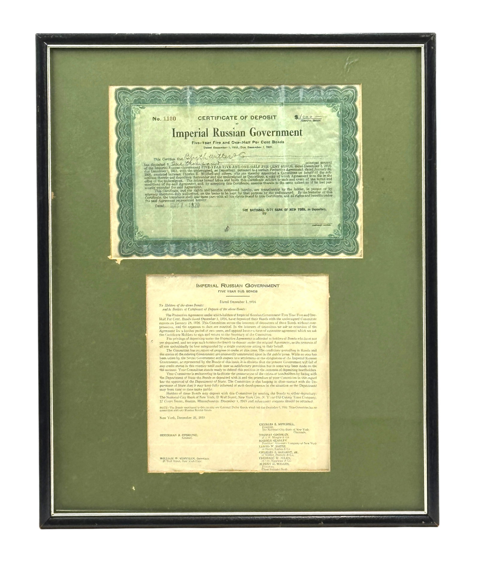 Framed Imperial Russian Government Bond Deposit Certificate 1910 for $1000: Framed Imperial Russian Government Bond Deposit Certificate 1910 for $1000. Deposited by Blyth Witter & Co. Frame dimension: 21" x 17" A/R