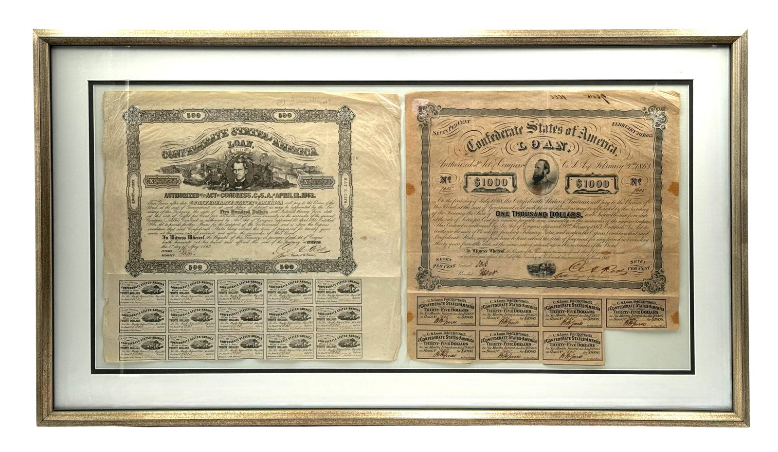 Framed Confederate States of America $500 & $1000 Bonds (1 of 3)