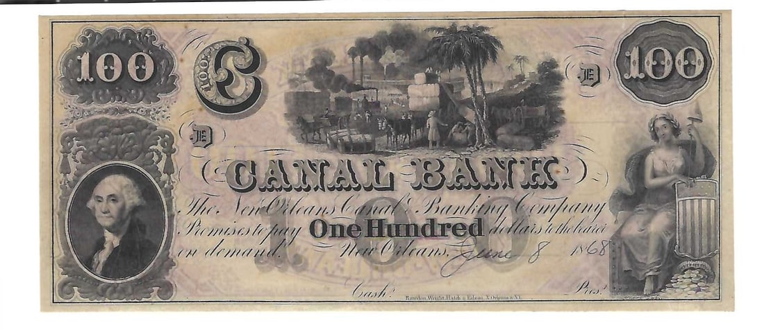 1868 The Canal Bank $100 Note Bill New Orleans (1 of 2)