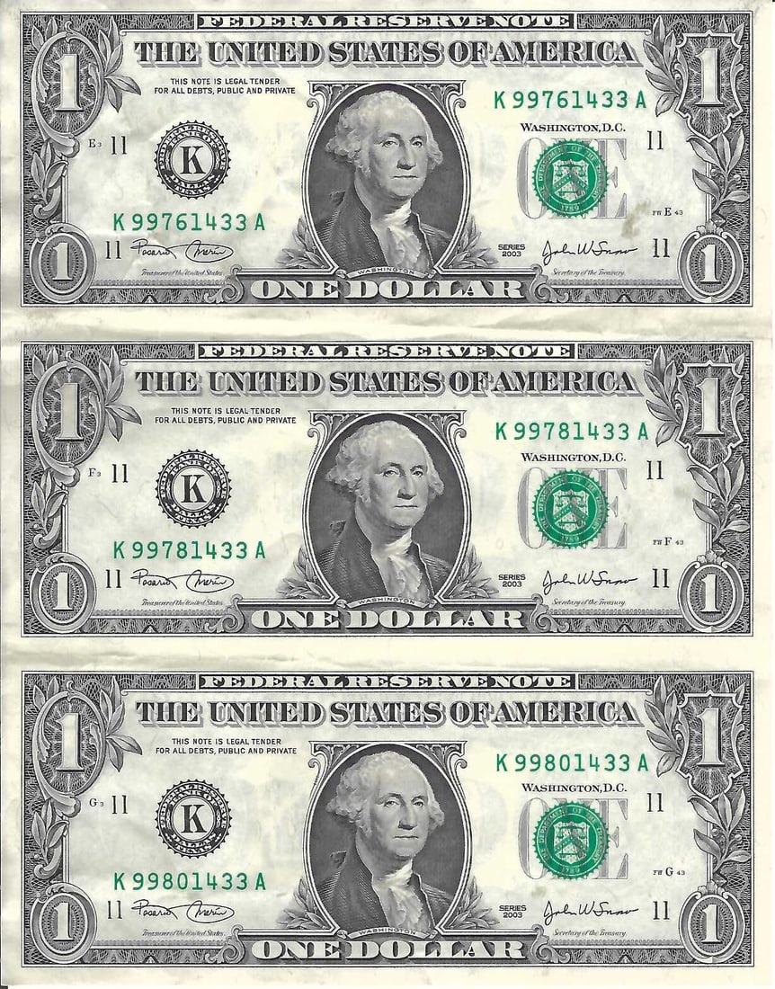Uncut Sheet of 3 One Dollar Bills Series 2003 (1 of 2)