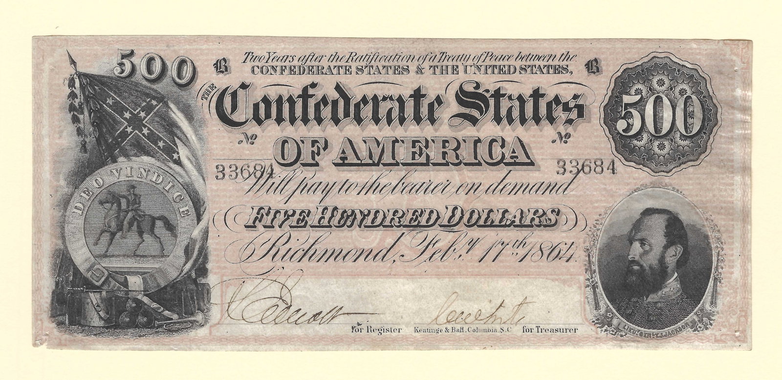 Rare 1864 $500 Coonfederate States of America Richmond Note (1 of 2)