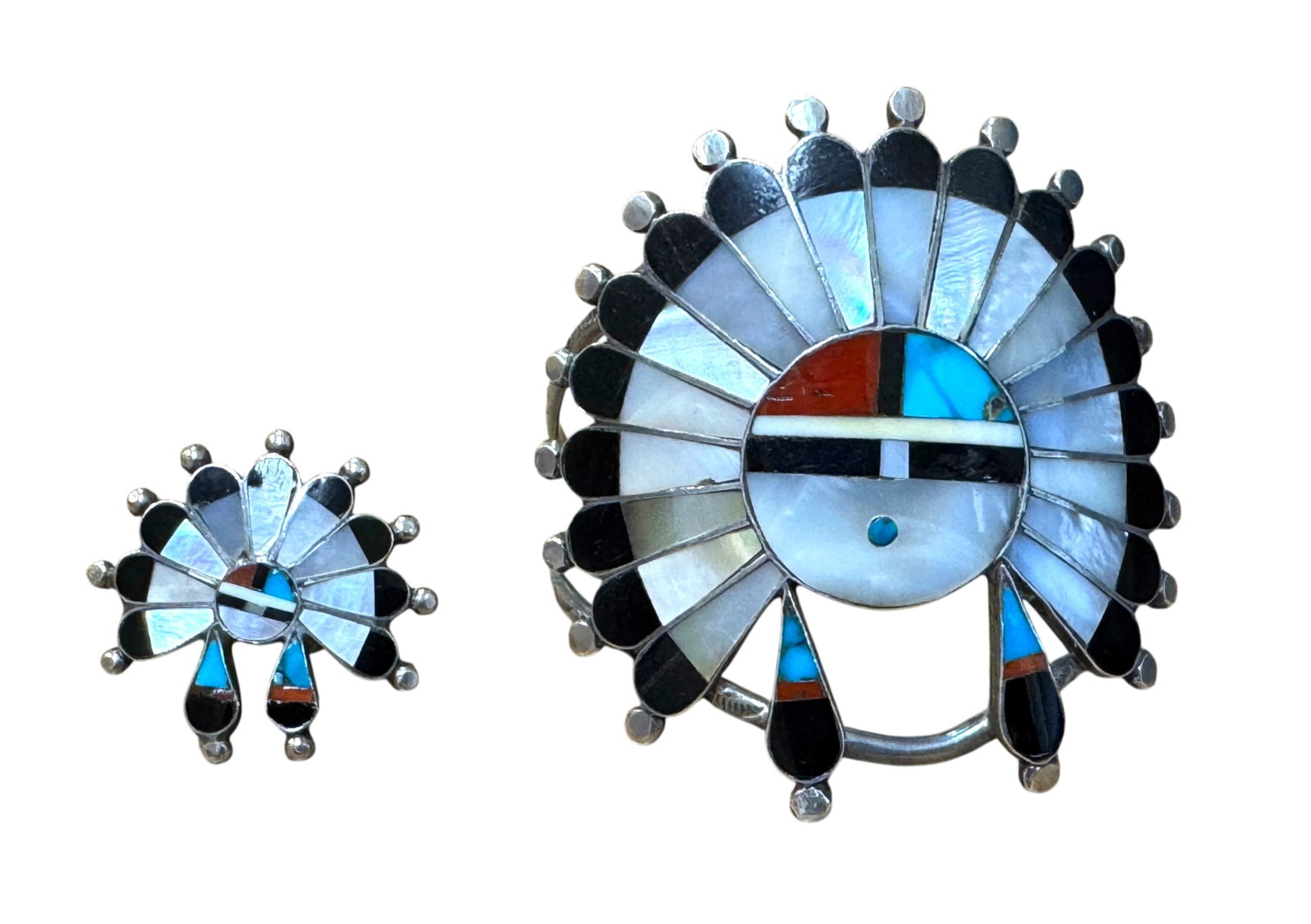 Zuni Native American Sterling Silver Sun Face Kachina Inlay Bracelet & Ring Set. (1 of 4)