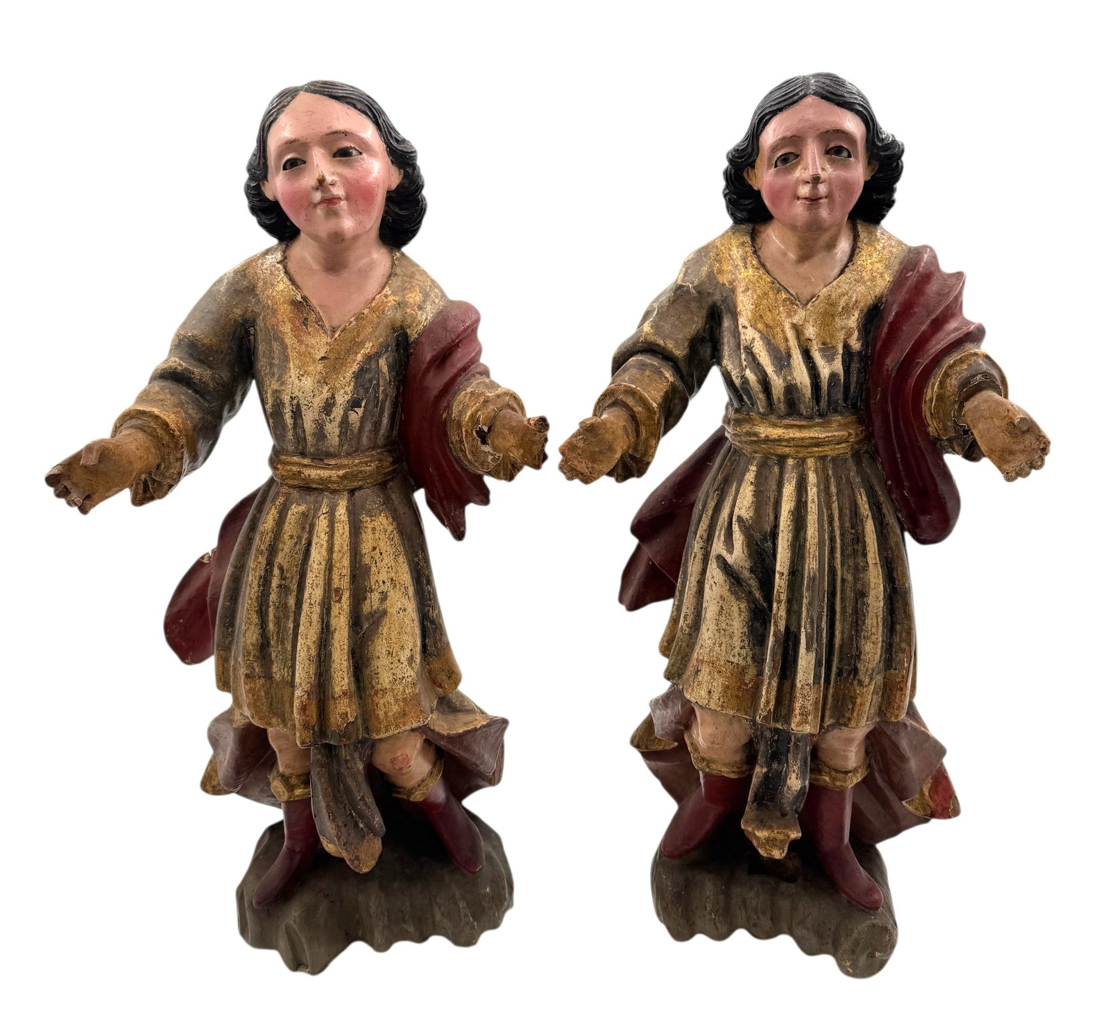 Pair of 18th Century Antique Spanish Carved Wood Polychrome Angels with Glass Eyes: Pair of 18th Century Antique Spanish Carved Wood Polychrome Angels with Glass Eyes. Dimension 20" x 5" x 9." Condition: Loss to fingers and missing wings. Loss to paint.