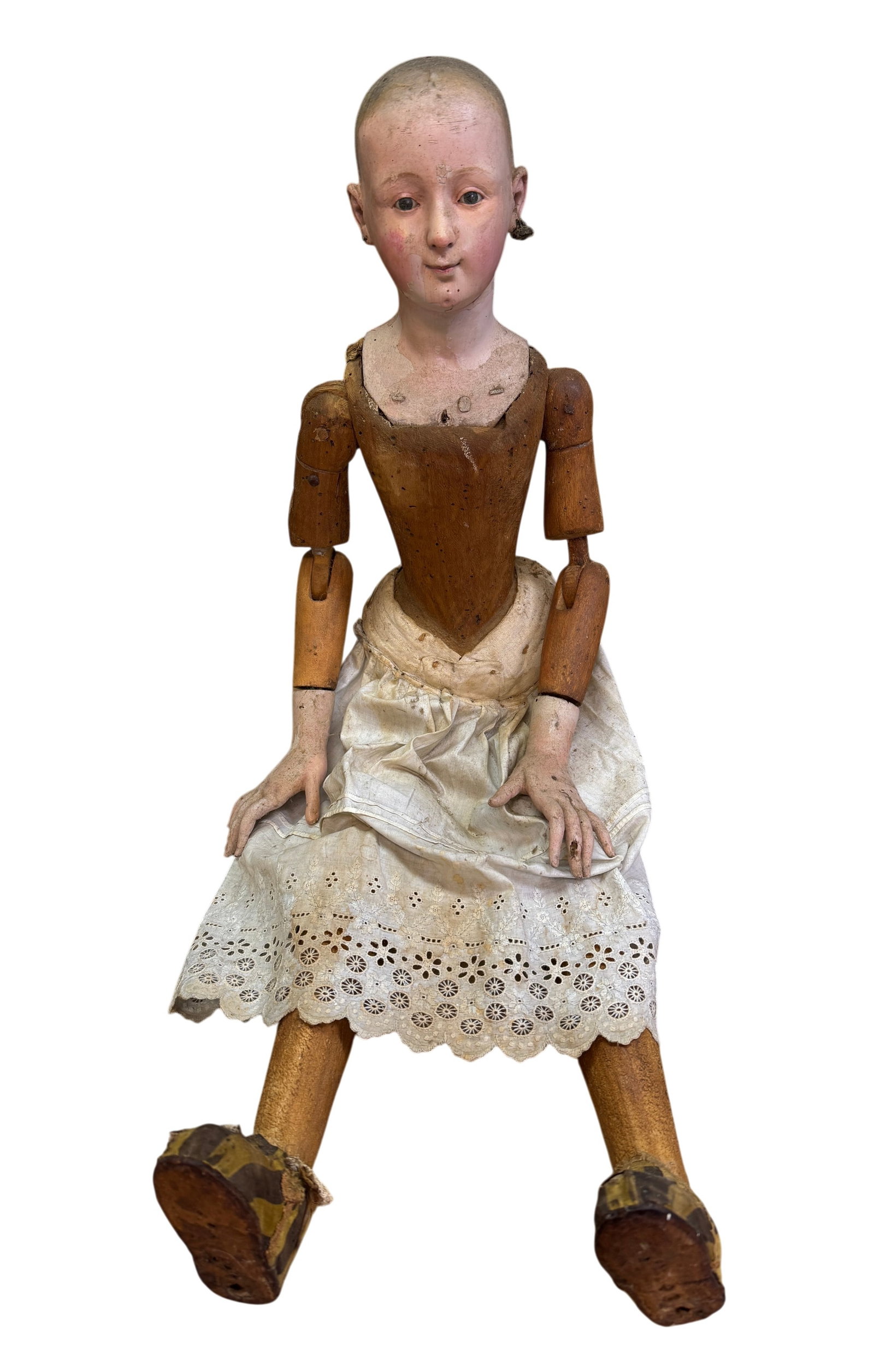 Rare 18th Century Santos Jointed Figure/Capipote with Glass Eyes: Rare 18th Century Santos Jointed Figure/Capipote with Glass Eyes. Dimension: Height 33." Condition: Wear and losses throughout, worm holes, joints are loose.