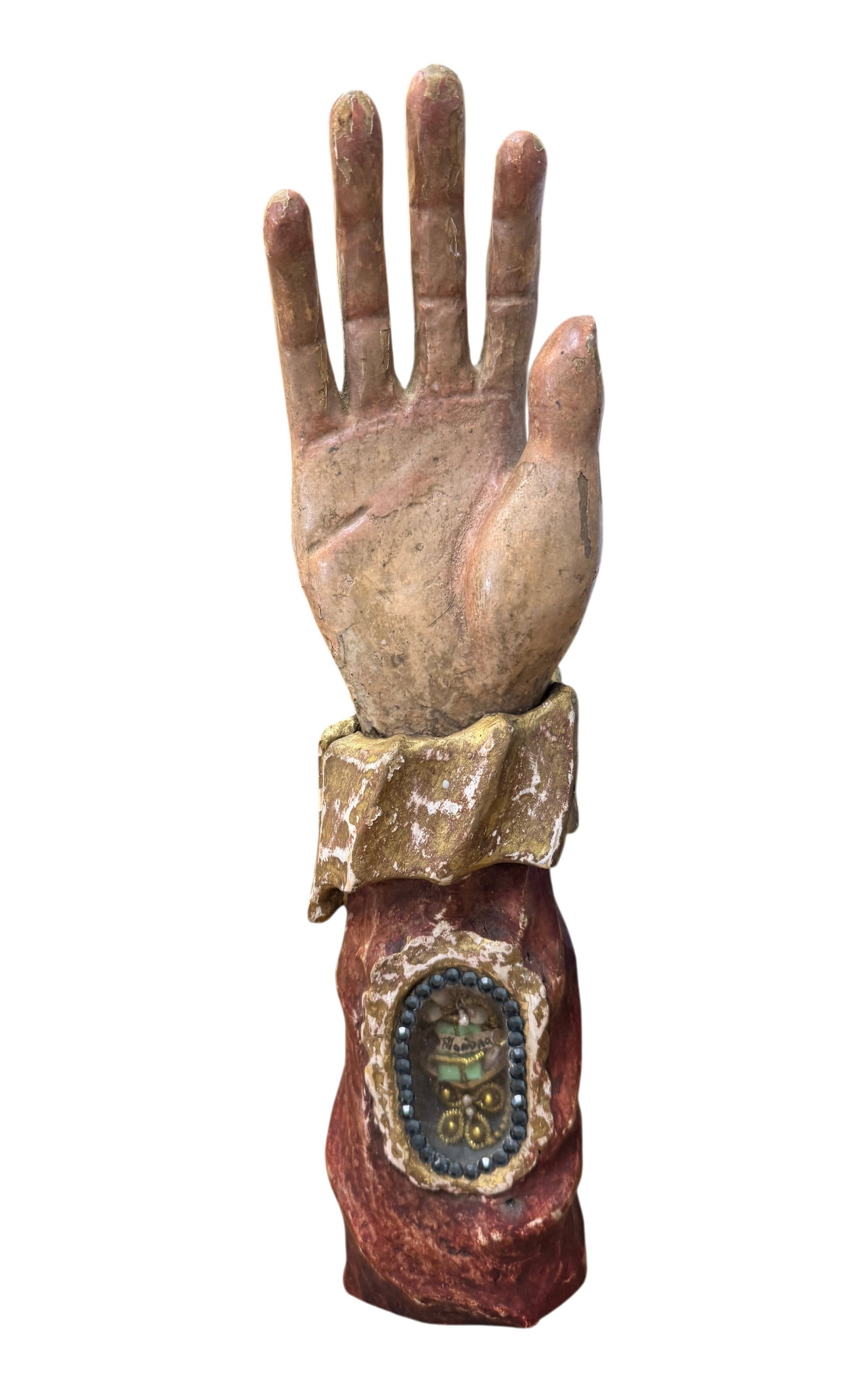 Antique Hand Carved Wooden Polychrome Reliquary Hand (1 of 6)