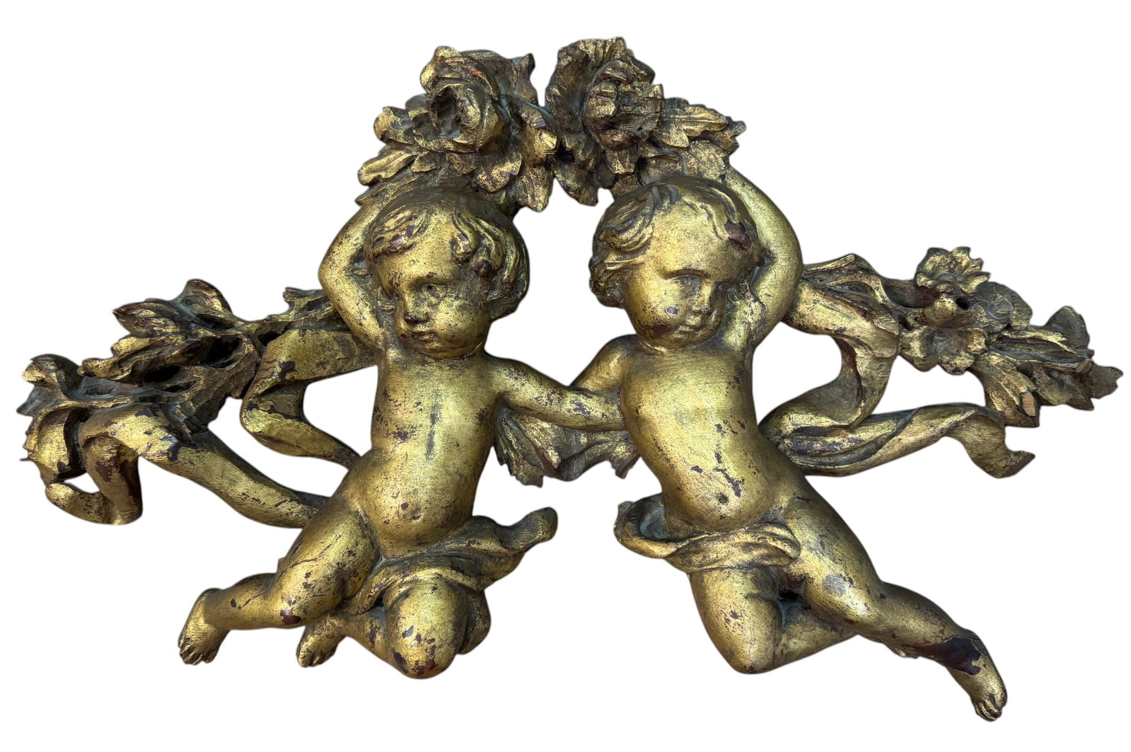 18th or Early 19th Century Gold Gilded Wooden Baroque Style Cherub Plaque: 18th or Early 19th Century Gold Gilded Wooden Baroque Style Cherub Plaque. Dimension: 23" x 4" x 13" Condition: Some losses to gilding. Small wood loss in some areas. N/J