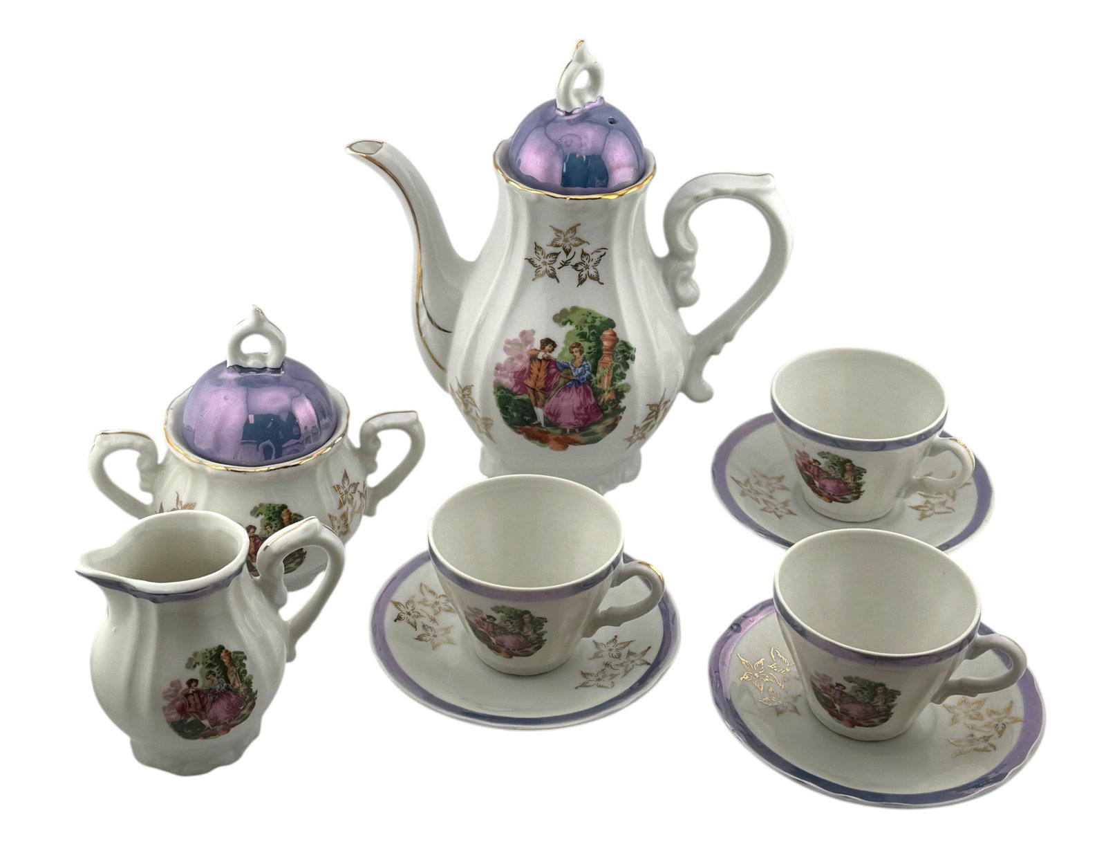 Vintage Lusterware Courting Couple Demitasse Set: Lusterware demitasse set with Rococo Courting Couple motif, c1930-1950 Japan export. Condition: Good, no visible chips/cracks; eleven pieces (including lids). Teapot 7.75"h x 6"w, Cups 2"h x 2.5/8"d; 