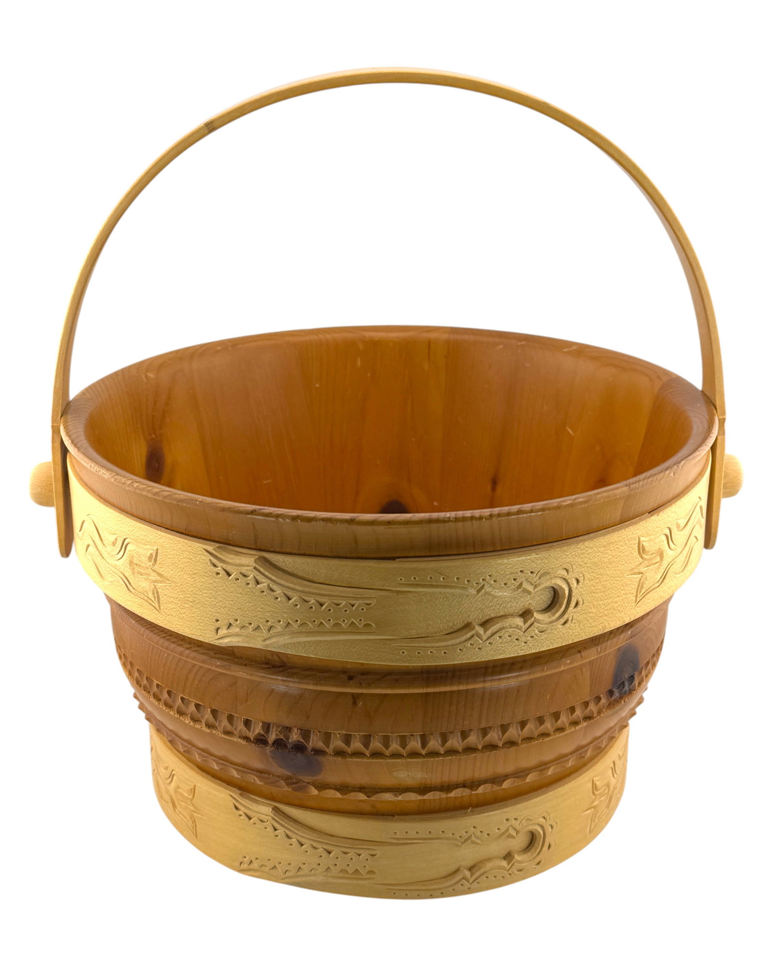 Rominger Swiss Carved Wood Milk Bucket: Decorative carved wood milk bucket by Edy Rominger, Pontresima Switzerland c1960-1980. Condition - very good. Dimensions: 10" diameter x 6.5" high.