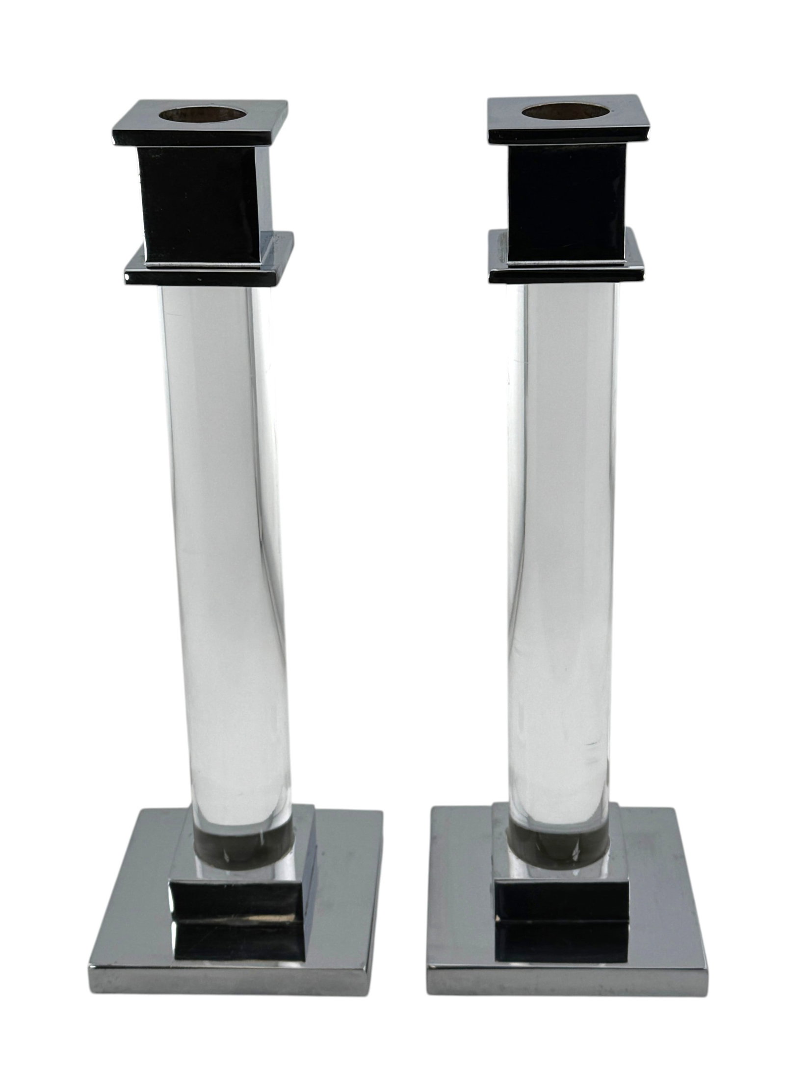 Charles Hollis Jones Style Chrome and Lucite Candlesticks: Vintage 1970's MCM-Hollywood Regency chrome and lucite candlesticks in the style of Charles Hollis Jones. Condition: Good vintage condition, see photos. Dimensions: 9.5" x 3.25" x 3.25"