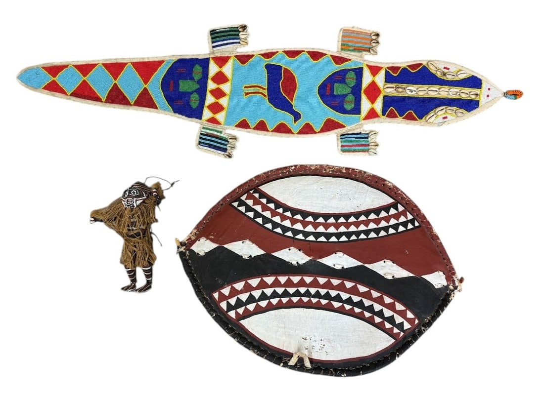 (Lot of 3) African Art Beaded Alligator Belt, Shield and Doll (1 of 2)