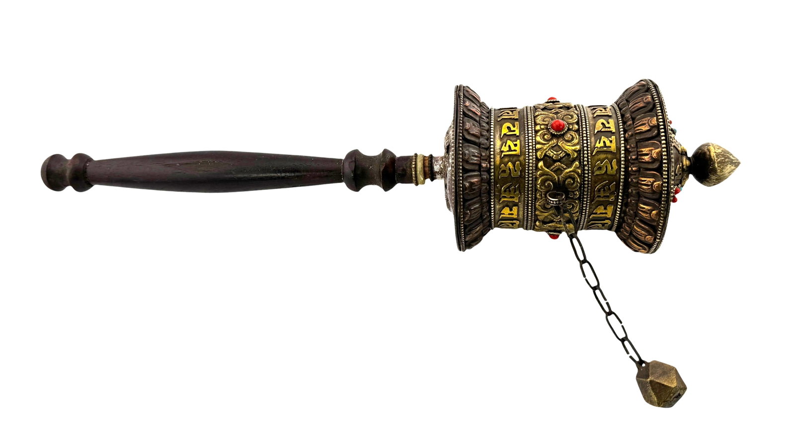 Vintage Tibetan Prayer Wheel With Repousse Woodblock Scroll: Vintage Tibetan Prayer Wheel With Repousse Woodblock Scroll. Wheel is decorated with Brass, copper, turquoise and red corals. Dimension 14" long.