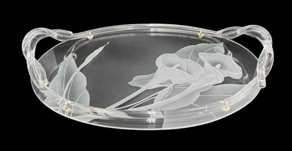 Dorothy Thorpe Glass & Lucite Calla Lily Tray: Fabulous mid-century (c 1940-1953) Hollywood Regency etched calla lily glass tray with twisted lucite handles signed by Dorothy Thorpe. A definite statement piece! Condition: Very good vintage conditi