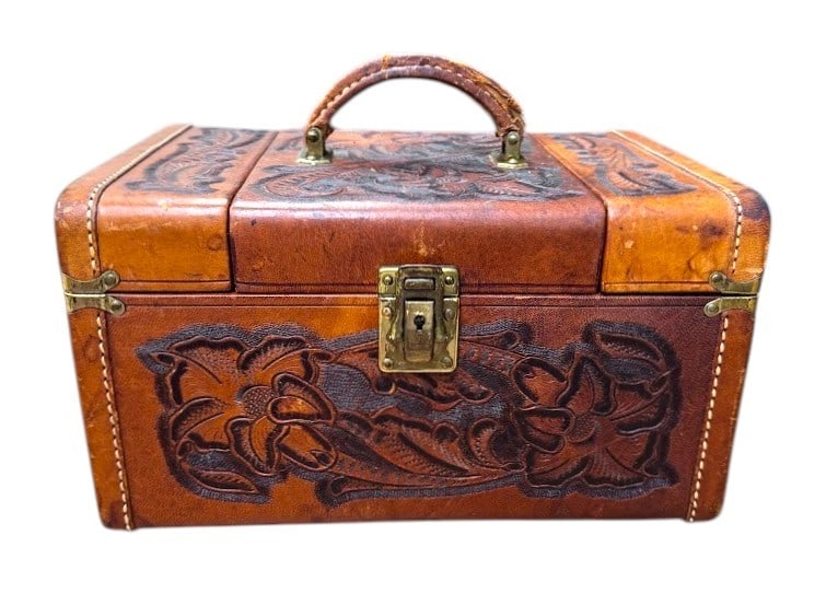 Flores Hand Tooled Leather Vanity Box: Flores Hand Tooled Leather Vanity Box. Box size 12.5" x 7" x 9" Condition: wear on leather. A/R