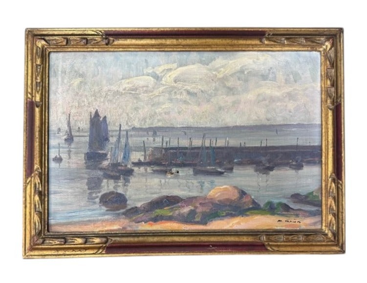 Maurice Grun (France 1869-1947) "Dock at Cardiff" Oil on Canvas: Maurice Grun (France 1869-1947) "Dock at Cardiff" Oil on Canvas. Signed bottom right corner. Frame Dimension: 11" x 15." Condition: Damage to center of canvas. Please see picture.