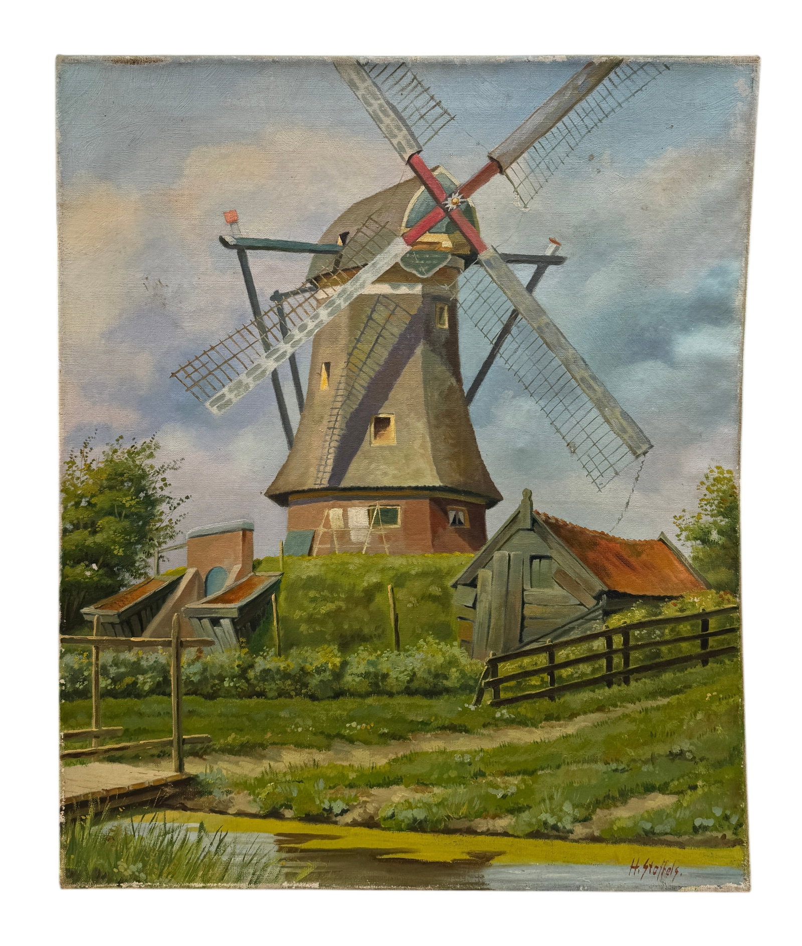 Original Oil on Canvas of "Molen de Roos in Delft" Signed: Original Oil on Canvas of "Molen de Roos in Delft" Signed by H. Stoffels. Dimension: 24" x 20" A/R Condition: Right stretcher bar bent