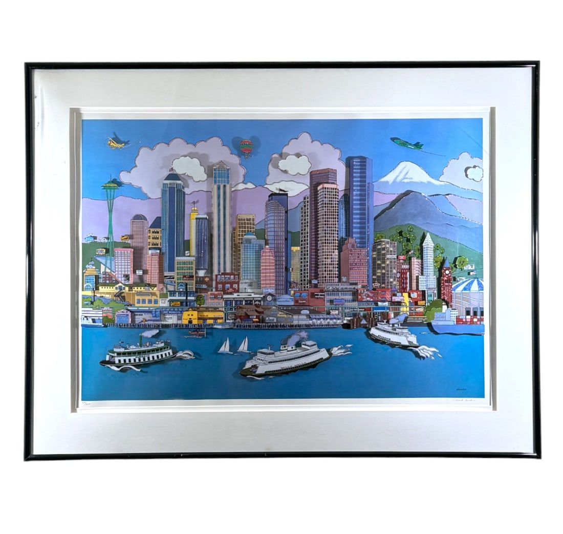 Richard Danskin "The Sound of Seattle" 3D Lithograph signed: Richard Danskin "The Sound of Seattle" 3D Lithograph. 1992 limited edition # 168/850. signed lower right corner Image size 25" x 36". Frame size 45" x36" Plexiglass frame has warping on left side.