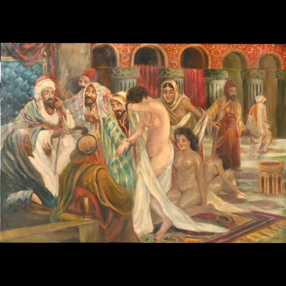 Attributed to Gyula Tornai "Harem", oil on canvas: ATTRIBUTED TO GYULA TORNAI (Hungarian, 1861-1928), "Harem," oil on canvas, canvas: 27.5 x 39.25 inches; overall with frame: 35 x 46.25 inches, bears illegible signature upper left corner: "Tornai Gy,"