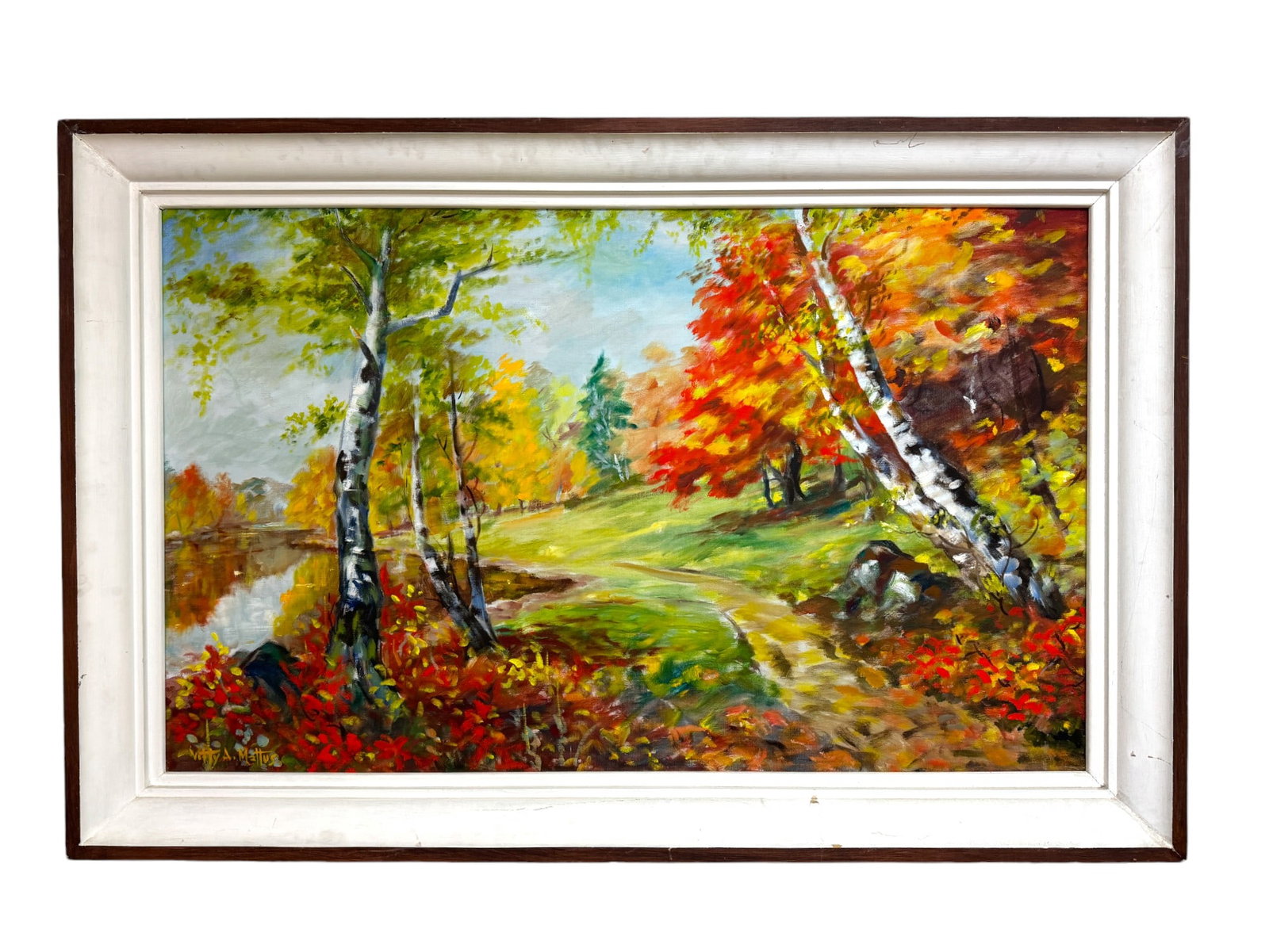 Vitty Mattus (American, 1914-2014) "Autumn Beside a Lake" Acryllic on Canvas.: Vitty Mattus (American, 1914-2014) "Autumn Beside a Lake" Acryllic on Canvas. Framed 35" x 53.5" Signed lower left. Condition: stained and paint loss on frame