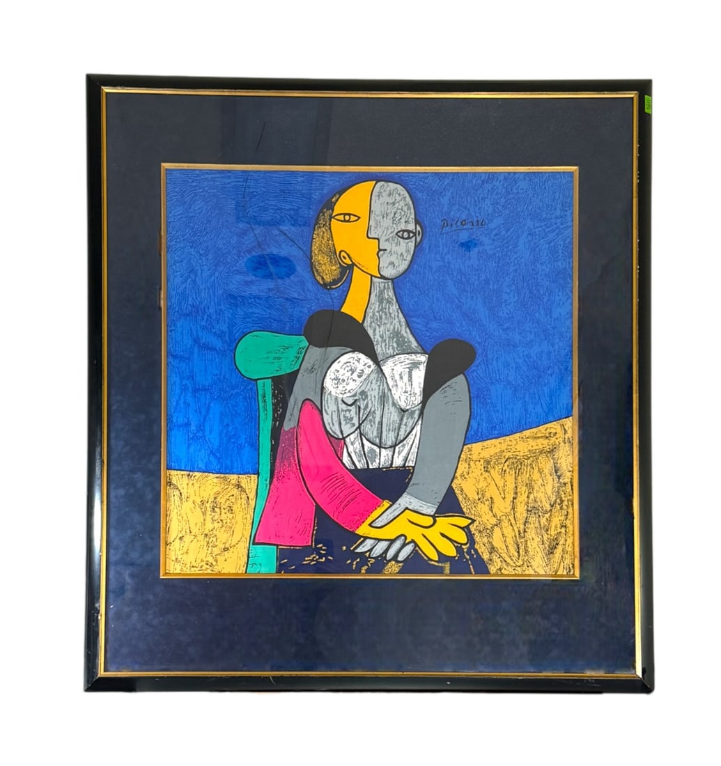After Pablo Picasso Framed Silk Scarf: After Pablo Picasso Framed Silk Scarf. Condition: Pexiglass has scratches throughout. Frame has wear