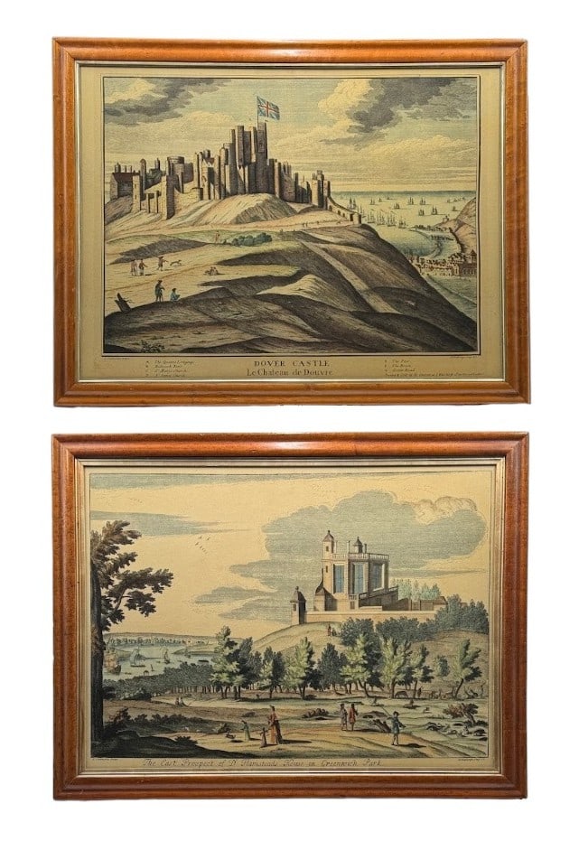 Pair 1724 Britannia Illustrata Engravings Dover Castle & Greenwich Observatory: Rare matching pair of 18th century copperplate engravings published in London circa 1720's - Dover Castle and East Prospect of Dr. Flamsteed's House in Greenwich Park in matching burlwood veneer frame