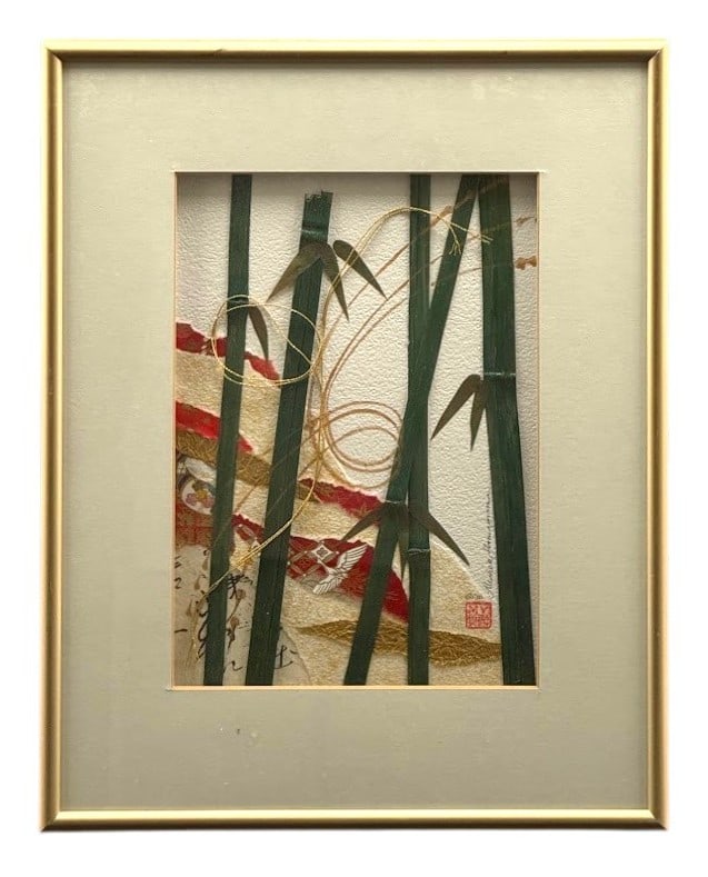 Michele Hamaguma Japanese Mixed Media Collage Featuring Bamboo Elements and a Floral Design (1 of 2)