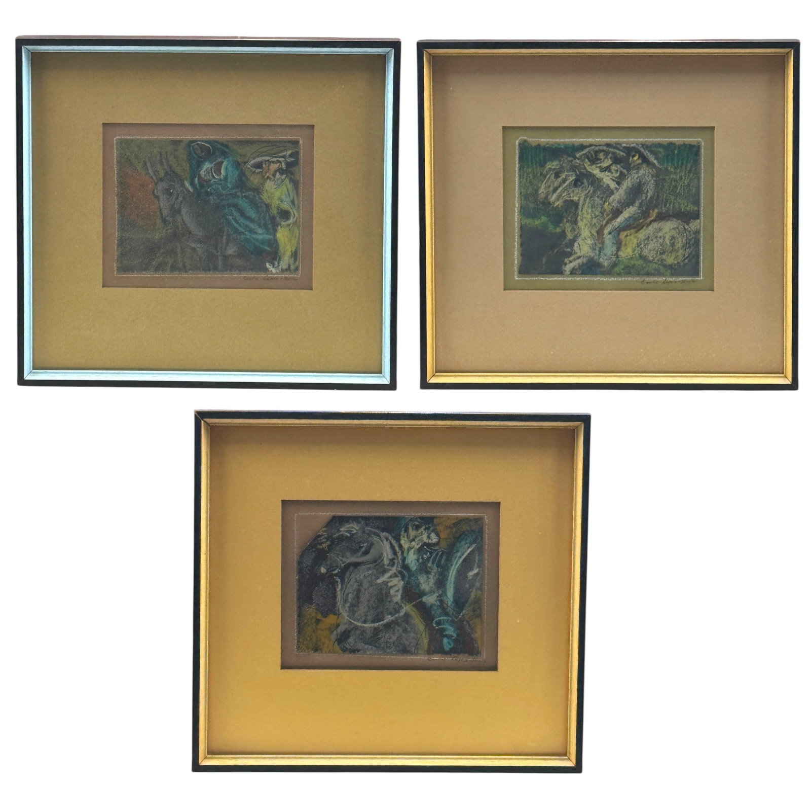 3 Carlos Lopez-Ruiz Paintings/Mixed Media: Set of three signed original mixed media paintings by listed Modernist artist Carlos Lopez-Ruiz (1912-1972); Flight into Egypt, Vaquero on Horseback, Men Traveling by Horseback. Custom framed by Unite
