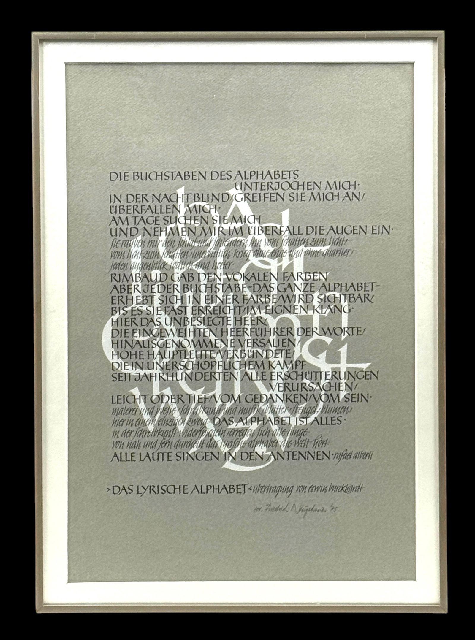 Friedrich Neugebauer signed Broadside "Das lyrishe Alphabet" 1975: Framed 1975 broadside by calligraphy Master Friedrich Neugebauer (1911-2005) Das lyrishe Alphabet (by Rafael Alberti). Condition: Excellent. Dimensions: 14.5" x 20.5"
