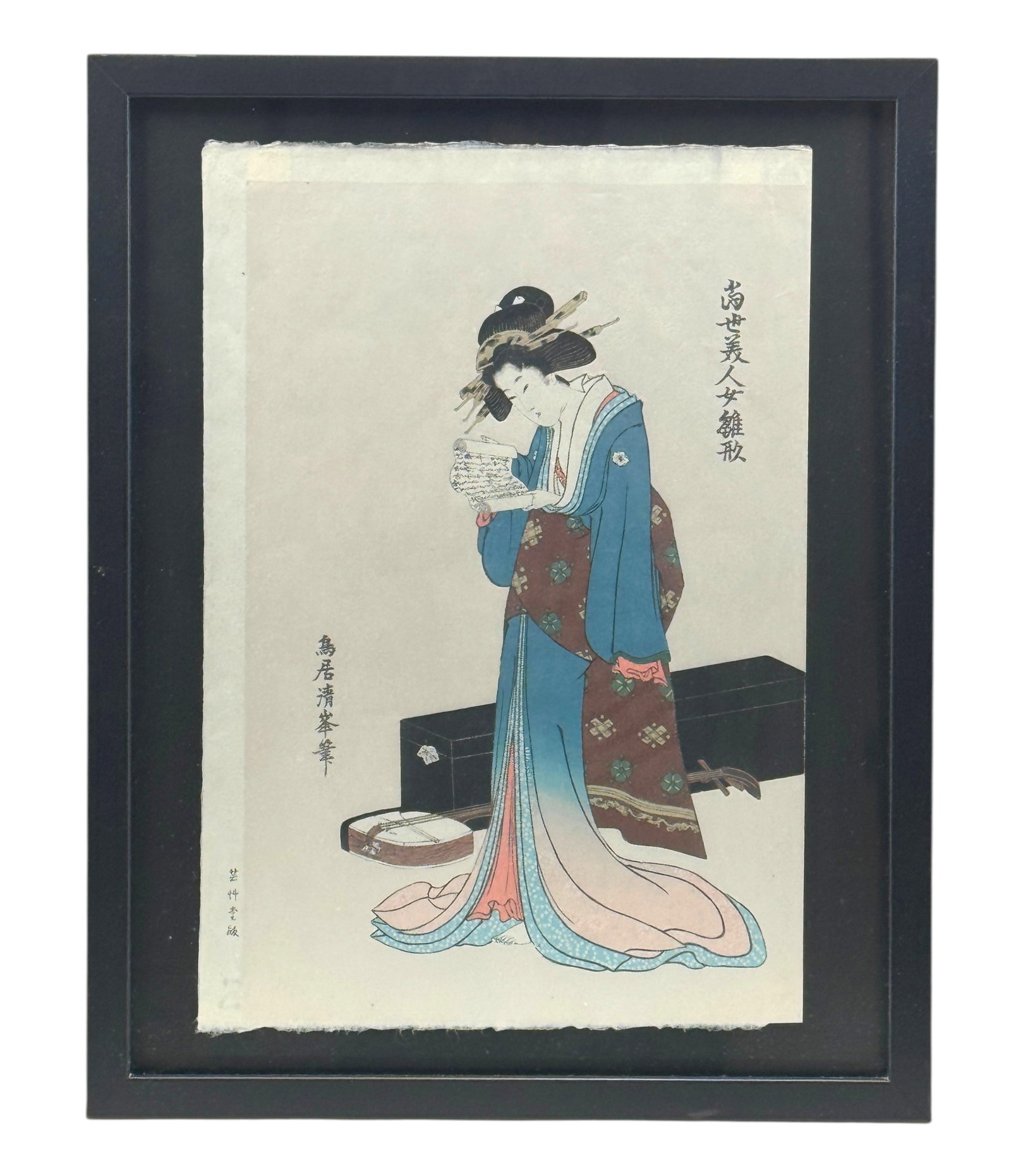 Torii Kiyomine Woodblock Woman Reading A Scroll Beside Shamisen: High quality early 20th century framed reproduction woodblock on washi paper by Nihan Fuzoku Zue Kanko-Sha. Torii Kiyomine's (1787-1868) Woman Reading a Scroll Beside Shamisen c 1804. Condition: Excel