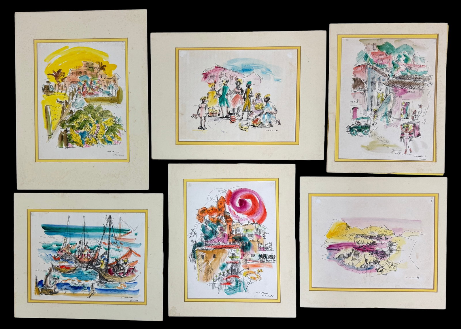 Marline von Ruhs Watercolors Lot of Six: Set of six lovely watercolor and pen paintings by Austrian artist Marlinde von Ruhs (1924 -) featuring mid century scenes from Mexico. Condition: Vibrant colors, minor discoloration due to age (refer 